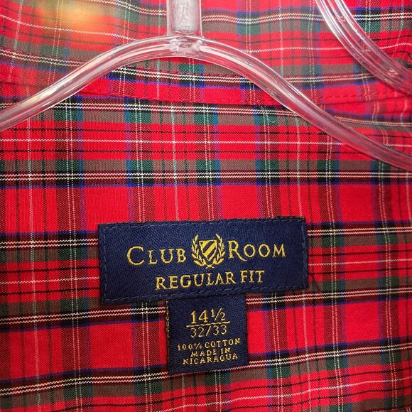 Club Room Men's Dress Shirt Size 14.5 Red Green Plaid Regular Fit Button Up - Picture 2 of 5